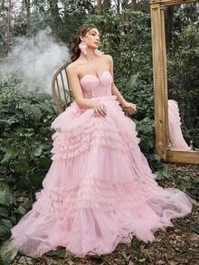 Faeriesty 优雅无肩带正式礼服，褶皱胸衣式上身，层叠薄纱裙摆，高开衩至大腿，拖尾设计——高端精致的设计，适合正式晚宴、婚礼宾客、新娘写真、红毯活动、奢华盛会等场合，春季粉色。 - 粉色 - 查看 6