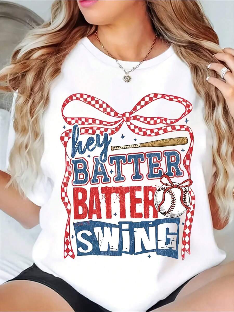 Hey Batter Batter Swing Baseball Graphic T-Shirt For Women Sporty Casual Top Summer Outfit Fun Gift For Baseball Fans, It Is A Perfect T-Shirt To Give To Friends And Family On Any Holiday Or Festive Occasion, 220g - 白色 - 查看 1