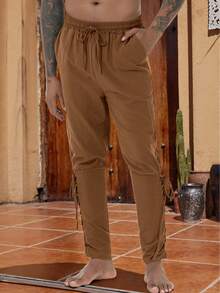 男士宽松裤，中世纪服装男士海盗裤，文艺复兴时期带口袋维京裤，休闲裤 - 棕色 - 查看 4