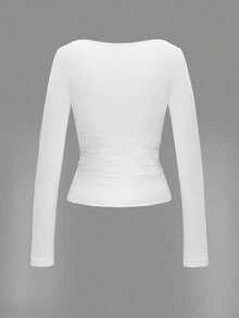 Vaiaye 大码女装春夏性感修身长袖针织上衣，纯色方领T恤，休闲白色 - 白色 - 查看 4