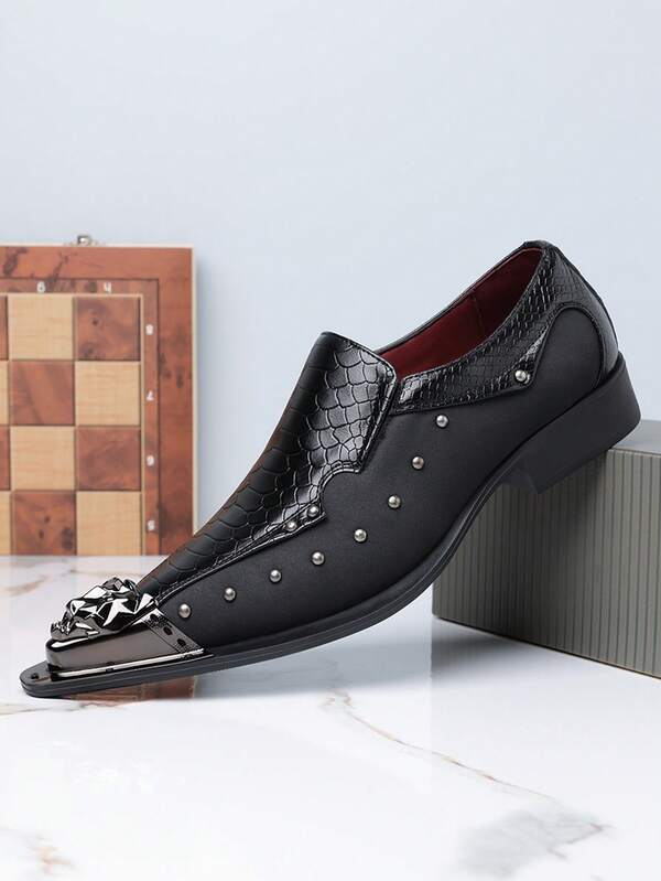 1 Pair Men's Metal Toe Detail PU Upper Rubber Sole Low Heel Casual Slip-On Shoes, Suitable For Casual Occasions