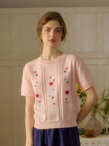 Simple Retro Women's Spring And Summer Embroidery Collision Round Neck Pink Elegant Retro Temperament Casual Short Sleeve Pullover Sweater Top - Pink - View 1