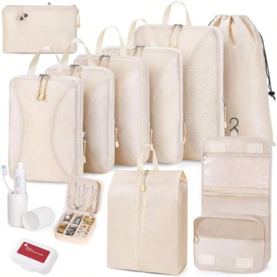 Compression Packing Cubes 12 Set Suitcase Organizers Luggage Organizer Bags Extendable Packing Cubes For Travel Compression Travel Essentials Beige - Beige - View 1