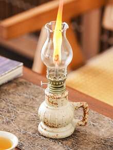 1个陶瓷窑烧釉面油灯，带手柄和灯罩，可调节灯芯，适用于露营、室内照明，可用作陶瓷油灯烛台、煤油灯或防风灯，带火焰控制旋钮 - 1PC - 查看 7