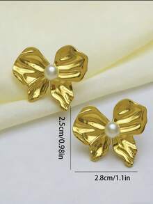 1 par de pendientes asimétricos de acero inoxidable con lazo y perla, adecuados para fiestas y uso diario - Dorado - Ver 3
