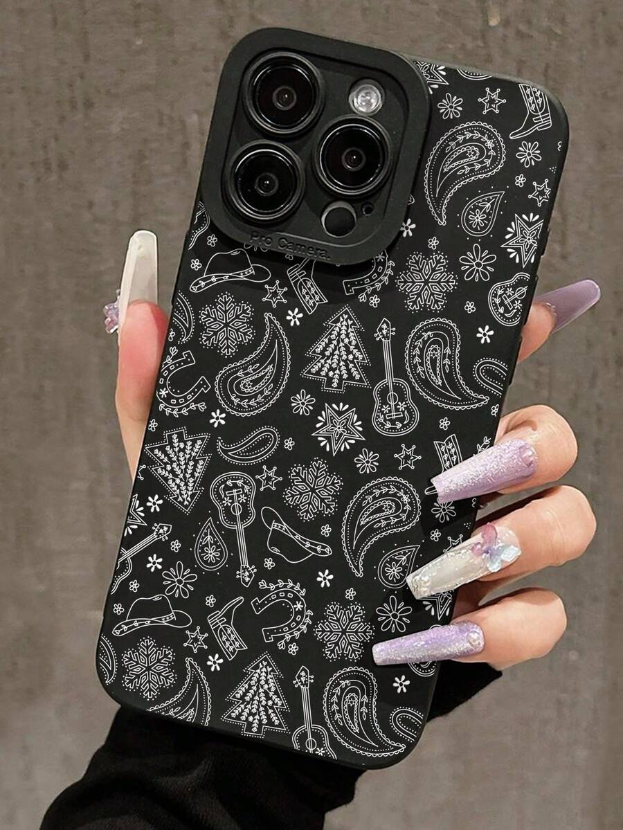 1pc Black Cat Eye Full Coverage Phone Case With Western Pattern Of Floral, Guitar, Stars Compatible With Iphone 11/12/13/14/15/16/17 Pro Max - Multicolor - View 1