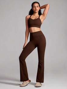 Freedom 1 pieza Pantalones de campana de cintura alta negros para mujer, pantalones casuales cómodos de ajuste ceñido y elástico, adecuados para bailar y yoga - Caqui - Ver 7
