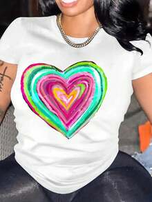 Valentine's Day Love Heart Print T-Shirt - Casual Crew Neck, Short Sleeve Top for Women, Breathable , Perfect for Spring & Summer, Colorful, New Model, Leisure Style, Spring/Summer Tee For adult, Men, Women, Teen, Teenager, adolescent, Youth - Weiss - Übersicht 1