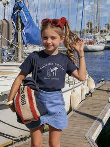 Tween Girls Casual Printed Round Neck Short Sleeve T-Shirt, Summer Top - Navy Blue - View 8