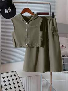 Tween GirlsCasual Streetwear Sleeveless Hooded Crop Top And High Waist Skirt Set - Army Green - View 1