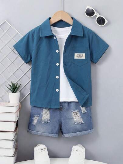 Boys' Short Sleeve Shirt Set, Layered With Collared Shirt, White T-Shirt, And Distressed Denim Shorts, Casual And Versatile Outfit For Everyday Wear