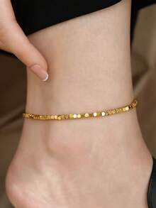 RAYQUEEN 1pc Stainless Steel Square Beaded Fashionable Gold-Color Personalized Bracelet For Women, Suitable As Gift - Anklets - View 8