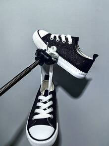 Spring Sequin Fashion Kids Canvas Shoes, Casual Lace-Up Comfortable Boys Girls Canvas Shoes, Anti-Slip Student Sneakers - Black - View 6