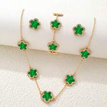 Bộ trang sức 4 món kiểu Ins-Style hình cỏ ba lá khảm vỏ sò nhiều màu sắc và đính đá rhinestone, mạ vàng (dây chuyền + vòng tay + bông tai), phụ kiện thời trang đa năng dùng hàng ngày. - bộ đồ - Xem 10