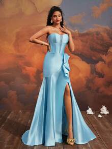 VIPGIRL 优雅浅蓝色无肩带美人鱼礼服，高开衩荷叶边长款晚礼服，女士正式礼服，时尚美人鱼舞会礼服，迷人派对礼服 - 淺藍色 - 查看 8