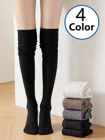 4 Pairs Women's Thigh High Socks, Ribbed Knit Over-The-Knee Socks, Warm & Soft Casual Socks, 4 Colors Available (Black, Gray, Brown, Beige), Elastic & Comfortable, Suitable For Daily Wear, Office And Outdoor Activities In Winter, Warm And Comfortable.