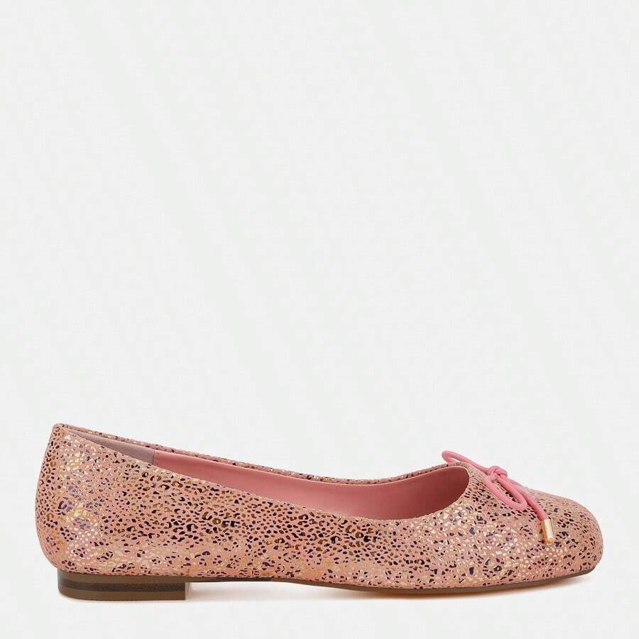 Apollon Bow Detail Foil Print Suede Ballerinas - Pink - View 1