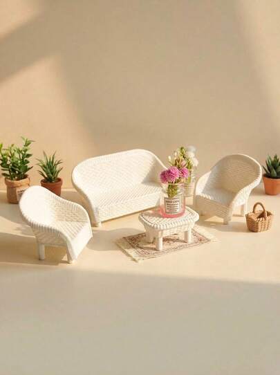 POKOJA LAND 4pcs Mini Coffee Table & Chair Decor Set, Suitable For Kitchen & Bedroom - Perfect Holiday Gift (Christmas & New Year), No Electricity Needed, Bedroom Decor, Adorable Mini, Compact Furniture, Handmade Texture, Exquisite Design, Compact Home Decor, Ideal For Holiday Shoppers And Doll Collectors.