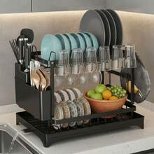 2 Tier Dish Drying Rack, Foldable Dish Drainer Metal Utensil Holder Drainage Space-Saving Drain Racks Are Suitable For Use In Women's Apartment Kitchens - màu đen - Xem 9