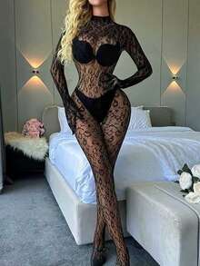 A Long-Sleeved Mesh Top With A Sexy Open Back, Featuring A Tempting Leopard Print Backless Design For Valentine's Day. This Daringly Exposed, Exotic Lingerie Is Perfect For A Valentine's Day Date Or A Passionate Night, Offering A Tight And Alluring Look. - Black - View 2