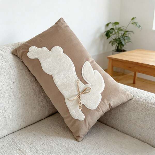 1pc 3D Plush Easter Bunny Decorative Pillow Cover, Embroidered Applique With Bow, 12x20 Inch Farmhouse Style Sofa Cushion Cover For Spring