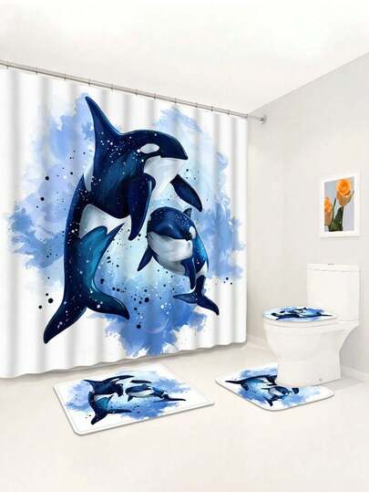1/4 件装蓝鲸印花防水浴室帘，海洋元素装饰挂毯，防滑浴垫，U型马桶垫及盖，现代家居浴室装饰，包含12个浴帘挂钩，防水涤纶面料，可机洗，适用于酒店、公寓、家庭浴室，四季皆宜，馈赠亲友佳品