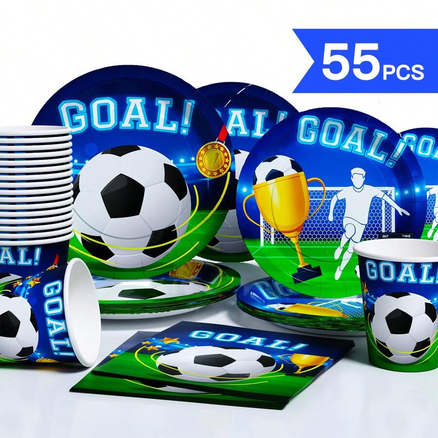 一套足球进球庆祝主题一次性餐盘、餐巾纸、杯子，可供10位客人使用，适用于生日、婚礼、派对、家庭野餐等场合。 - 彩色 - 查看 1