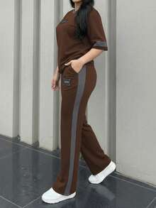 2pcs Women's Spring/Autumn Round Neck Short Sleeve T-Shirt And Elastic Waist Loose Pants Set, Casual Daily Wear - Brown 235 - View 4