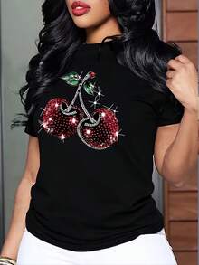 Camiseta moderna con diseño de cerezas con diamantes para mujer en color negro, T-shirt elegante de verano con estampado de joyas, ropa casual juvenil, tallas disponibles S/M/L/XL/XXL, moda femenina,  2023. - Negro - Ver 1