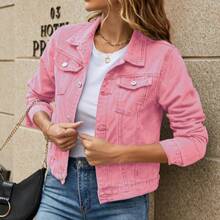 2026 New Arrival Women's Fashion  Lapel Pocket Single-Breasted Short Denim Jacket - 黑色 - 查看 5
