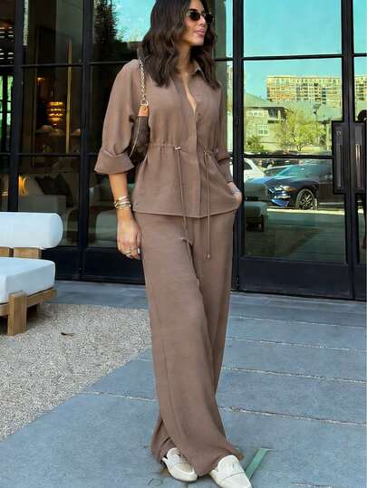 HH Women Pants Suit Solid Seven-Quarter Sleeve Lapel Drawstring Design Casual Loose Top+Elastic Waist Wide Leg Long Pants