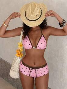 Bộ bikini nữ màu vàng chấm bi kiểu retro, thích hợp cho các buổi đi chơi, phong cách Y2K, dạo phố, nghỉ mát, bãi biển mùa hè. - Hồng - Xem 4