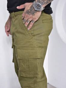 Calças Cargo Masculino Sarja Casuais com Multi-Bolsos Com Lycra - Verde Oliva - Visão 7