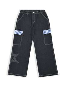 Men's Loose Star Embroidery Cargo Jeans, Streetwear Style Denim Pants - Black - View 7