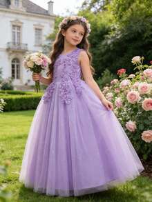 少女蕾丝优雅伴娘礼服，浅紫色婚礼公主裙，舞会礼服，选美礼服（青少年），毕业典礼，复活节 - 紫色 - 查看 2
