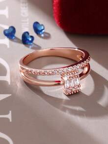 1枚优雅高品质几何双层设计戒指，镶嵌方形合成锆石，适合求婚、婚礼、派对、周年纪念、生日、感恩节、情人节、圣诞节、新年、母亲节等场合佩戴。 - 玫瑰金 - 查看 2