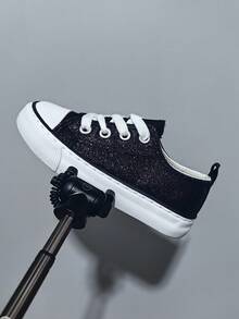 Spring Sequin Fashion Kids Canvas Shoes, Casual Lace-Up Comfortable Boys Girls Canvas Shoes, Anti-Slip Student Sneakers - Black - View 2