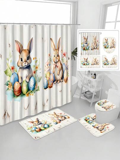 1/4pcs Easter Bunny & Egg Bath Mat Set - Non-Slip, Machine Washable Polyester Carpet For Bathroom, Kitchen, Bedroom - Includes Cute Bunny Design Bath Mat, Contour Mat And Toilet Seat Cover - Perfect For Easter Home Decor, Bathroom Mats