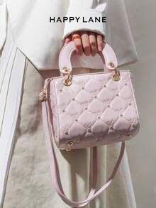 HAPPY LANE Pink Rhombus Handbag, Delicate Quilted Texture, Gold Rivet Accents, Curved Handle With Metal Clasp, Adjustable Shoulder Strap, Soft & Feminine Style Women Bag - Pink - View 7