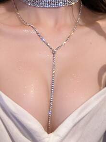 1 pieza Nuevo collar de gargantilla con múltiples filas de rhinestones sexy 2026, collar largo, cadena para el Body - Plateado - Ver 6