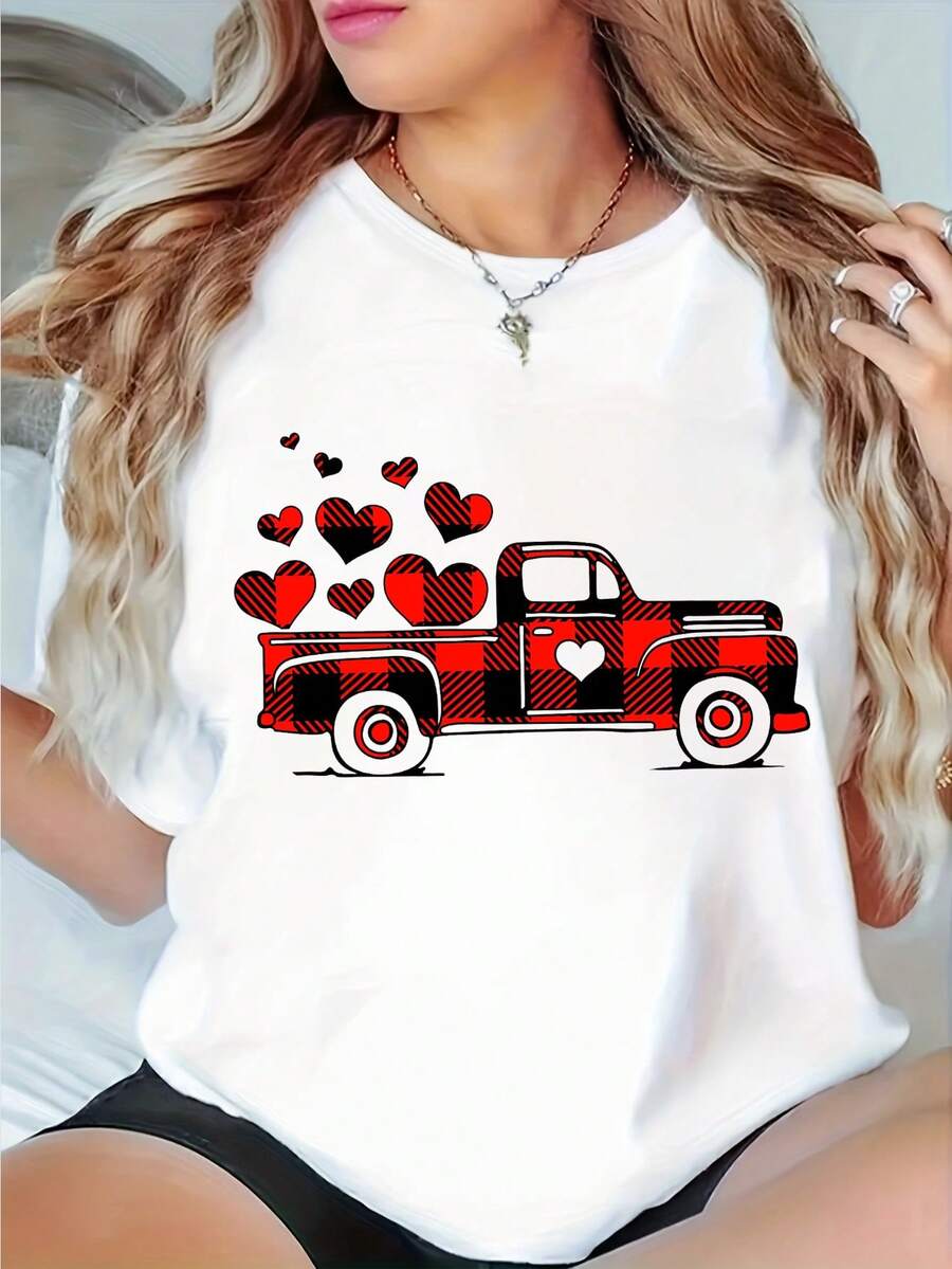 Plus Size Women's Valentine's Day Buffalo Plaid Truck T-Shirt - Red Heart Graphic Casual Loose Crew Neck Valentine's Day Gift . Suitable For Daily, Outing, Holiday, Beach Party, Music Festival, Vacation, Commuting Wear. White - White - View 1