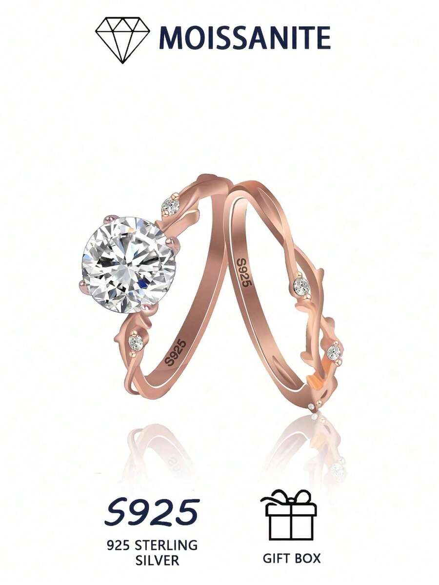 Two Pieces Set Of Approximately 3.3g Pure Silver S925 Ring 2/3CT Round D-Color Moissanite Women's Ring, Sparkling And Can Be Worn Alone Or Stacked. Luxury Quality Women's Ring Comes With A Gift Box - Rose Gold - View 1