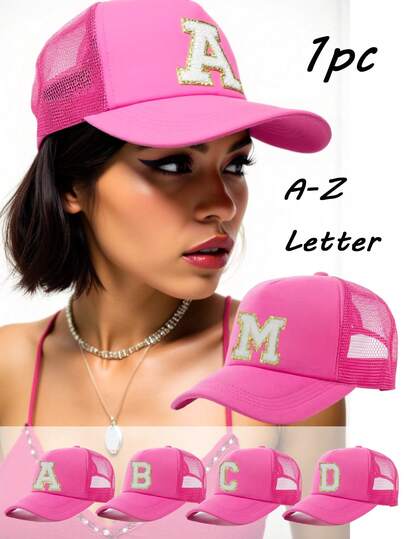 1顶女士定制A-Z字母透气网眼帽，夏季防晒户外运动帽，沙滩街头时尚帽，防紫外线夏季棒球帽，适合日常户外运动、休闲时尚配饰和旅行