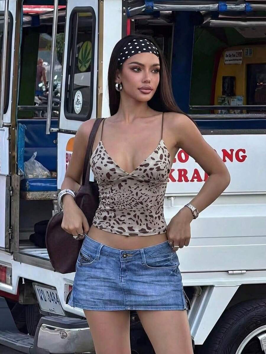 Áo hai dây ngắn cổ chữ V hai mảnh họa tiết da báo, kiểu dáng gợi cảm cho kỳ nghỉ hè. - Nhiều màu - Xem 1