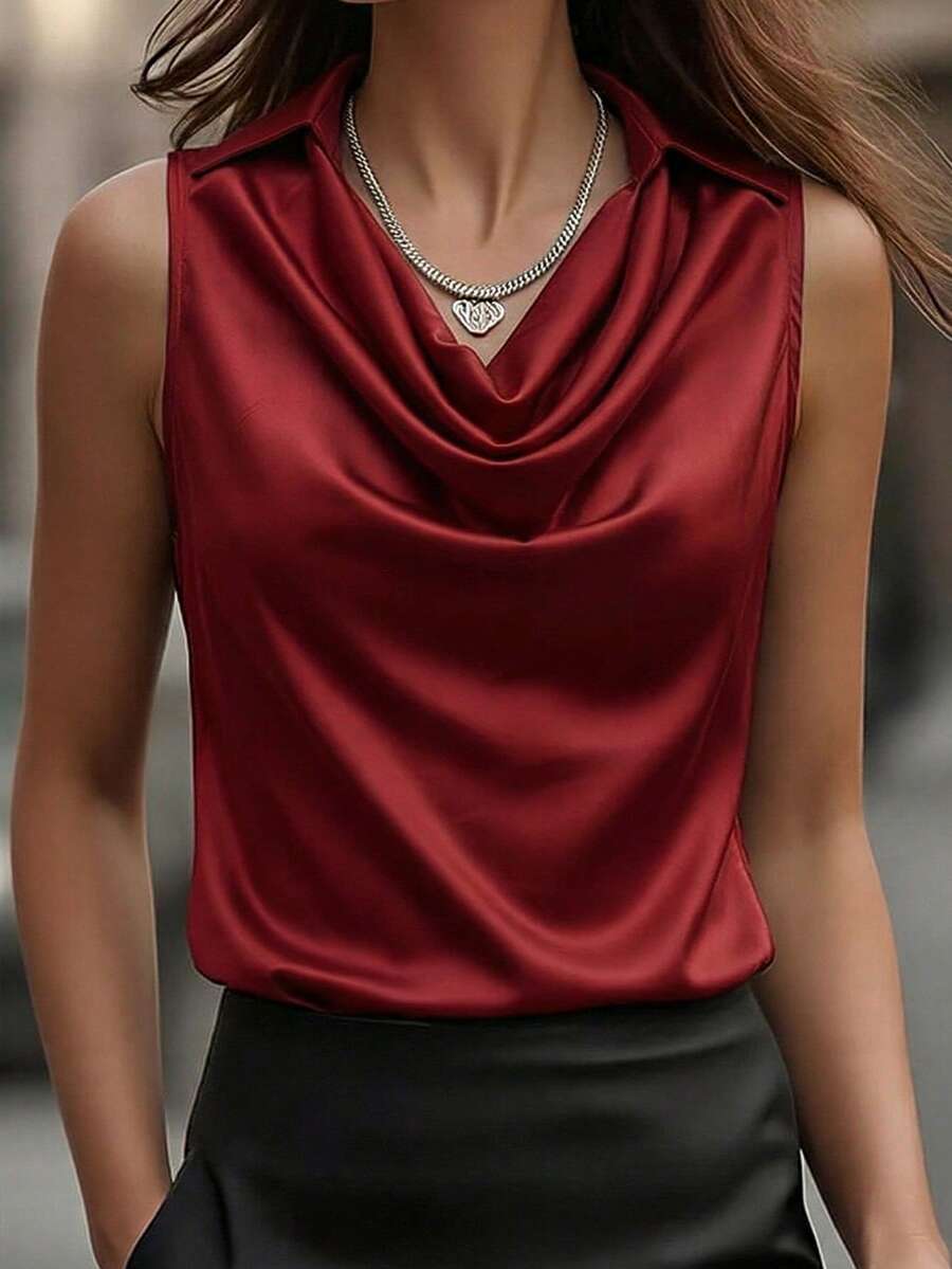 Women's Elegant Burgundy Draped Neck Sleeveless Blouse With Satin Trim, Suitable For Daily Commute And Date Occasions, Spring/Summer - Burgundy - View 1