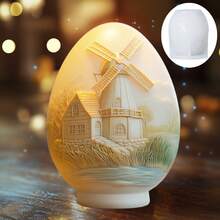 1pc Egg Candle Silicone Mold Windmill House Relief Egg Candle Mold Easter Egg Plaster Resin Mold Windmill Town Relief Beauty Relief Crafts Mold Easter Gift - A-White - View 5