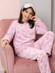 Teddy Plush Winter Pajamas For Kids - Pink Heart - Hot Pink - View 4