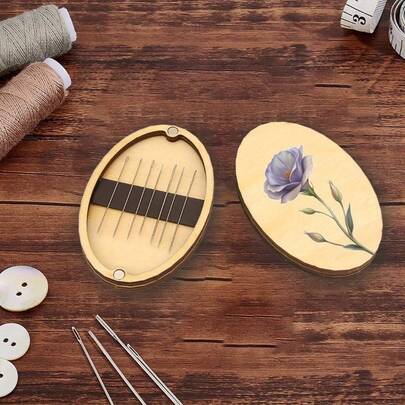 Wooden Magnetic Needle Holder With Floral Design, Ideal For Storing Embroidery Threads And Sewing Supplies