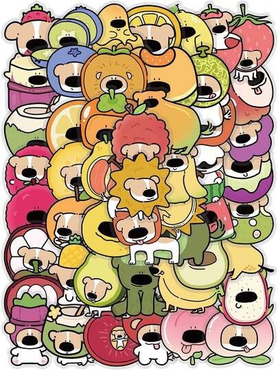 50PCS Fruit Big Nose Dog Theme Stickers Cute Cartoon Pattern Adhesive Miniature Scene Decorative Stickers For Album Journal Notebook Scrapbook Daily DIY Crafting