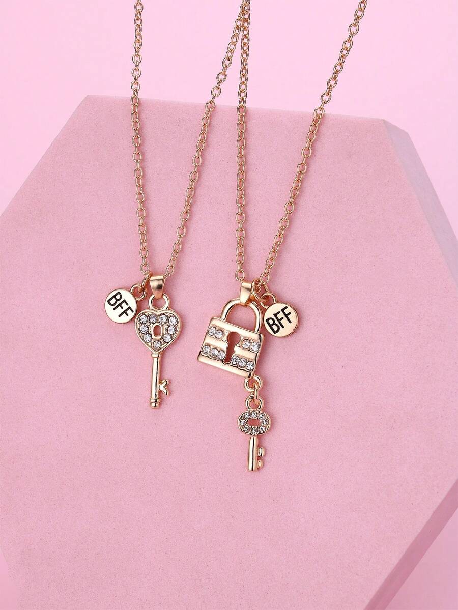 Set de 2 collares con llave y cristal de aleación de zinc y plástico, adecuado para uso diario para niñas - Unitalla - Ver 1